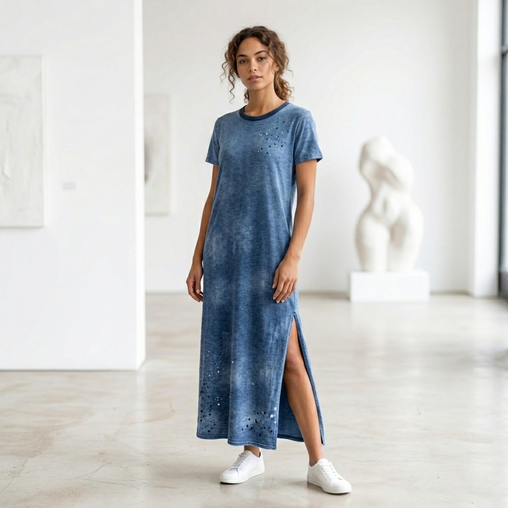 NSF Maxi Dress Womens‎ XS Blue Acid Wash Slub Knit Side Slit Grunge Streetwear